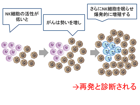 NK細胞の活性が低いと、がんは勢いを増し、さらにNK細胞を眠らせ爆発的に増殖する→再発と診断される